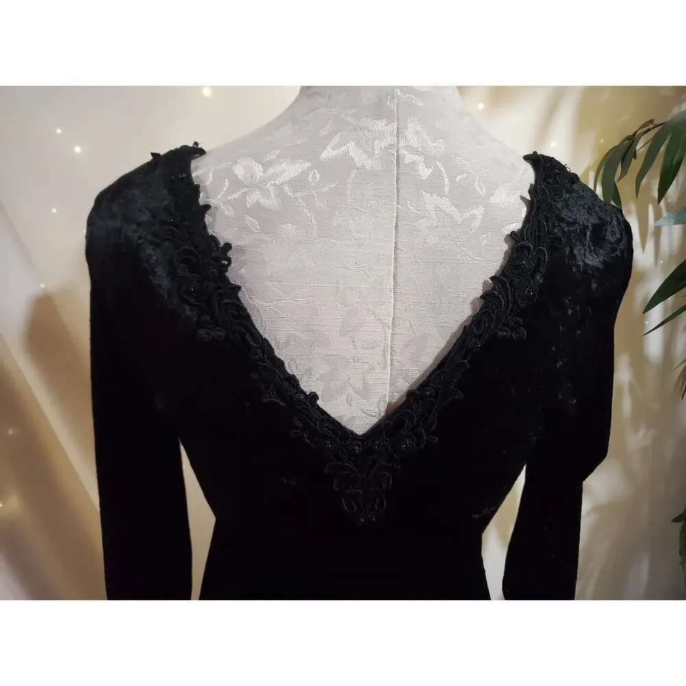 Vtg 90s Molly Malloy Crushed Velvet Bead Lace V-Neck Sheath Dress 4P Whimsigoth